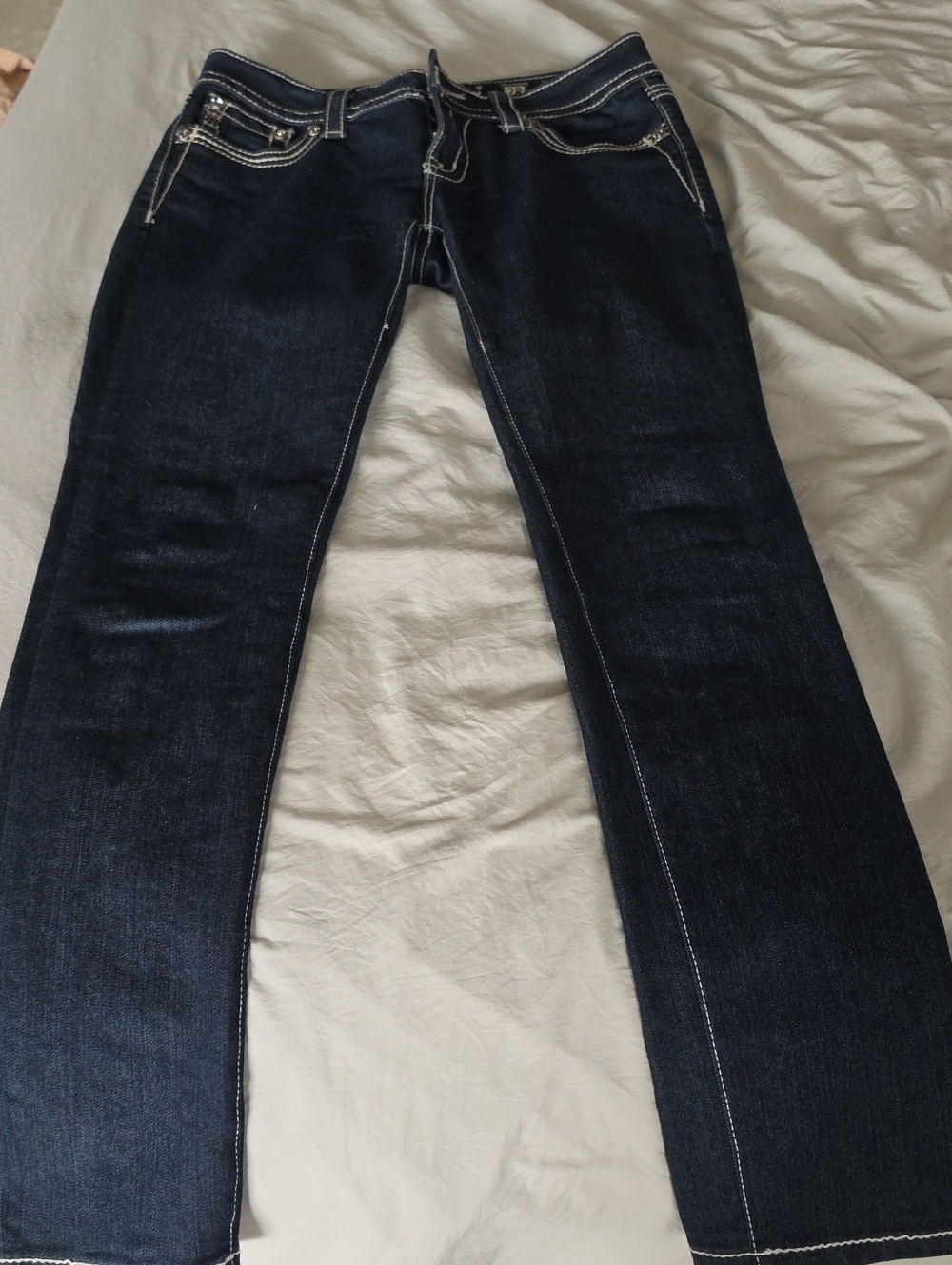 Miss Me Dark Blue Flare Jeans with Contrast Stitching
